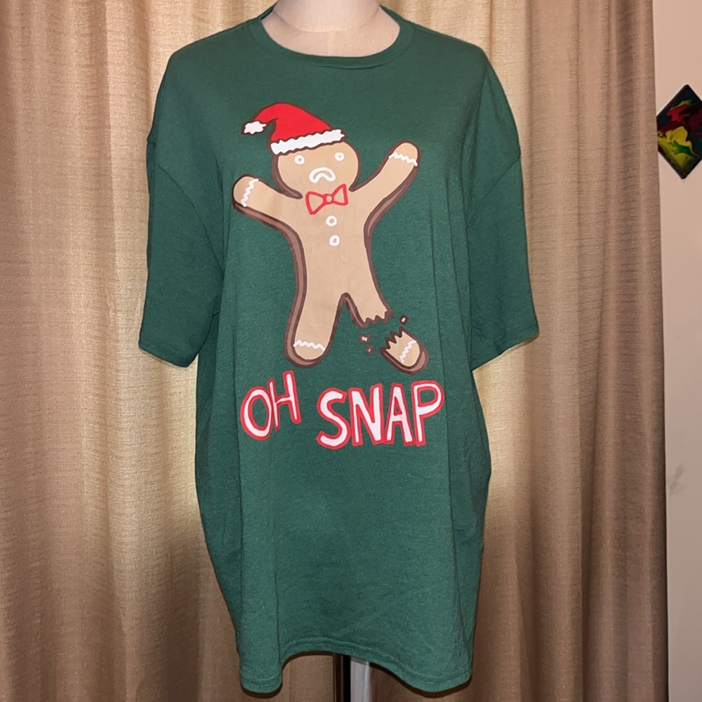 Christmas Gingerbread Man “Oh Snap” Short Sleeve Green Shirt Mens XL